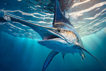 White marlin billfish in turquoise ocean water. Left angle view. Sport fishing concept. Horizontal illustration. Generative AI