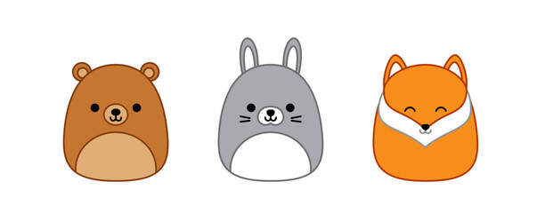 Bear, hare, fox. Squishmallow. Cute soft plush toy. Pillow. Cartoon kawaii vector