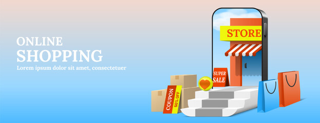 Store inside smartphone behind stairs with parcel packaging boxes shopping bags and coupon