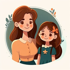 Fototapeta premium Mother and Daughter Cartoon Illustration AI Generative.