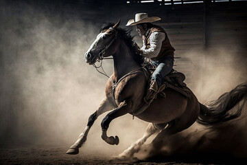 Cowboy riding a bucking bronco horse in a dusty rodeo arena, generative Ai - obrazy, fototapety, plakaty