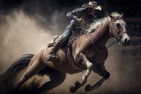 Cowboy riding a bucking bronco horse in a dusty rodeo arena, generative Ai