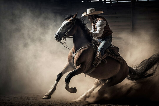 Cowboy riding a bucking bronco horse in a dusty rodeo arena, generative Ai