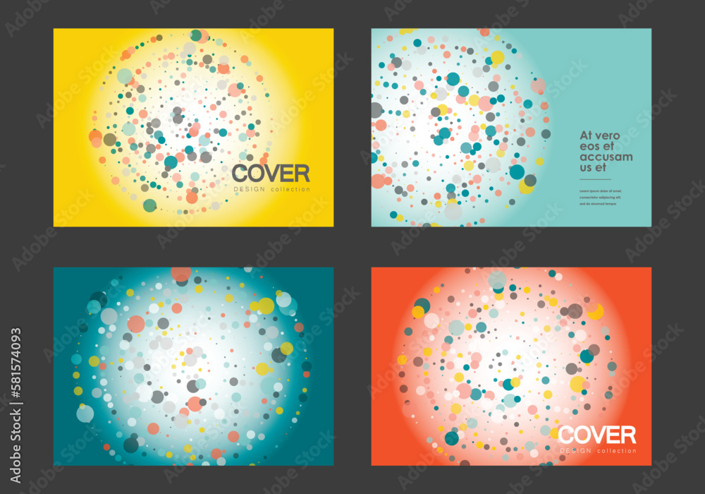 Poster Circles design elements. Color halftone frame with circle pattern on white background. Vector frame with rainbow random gradient. Cover brochure templates