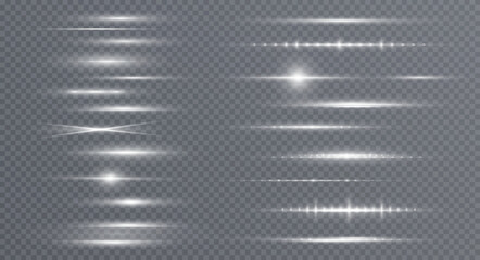 White horizontal lens flares pack. Laser beams, horizontal light rays. Collection effect light White line png. Beautiful light flares. Glowing streaks on light background.	
