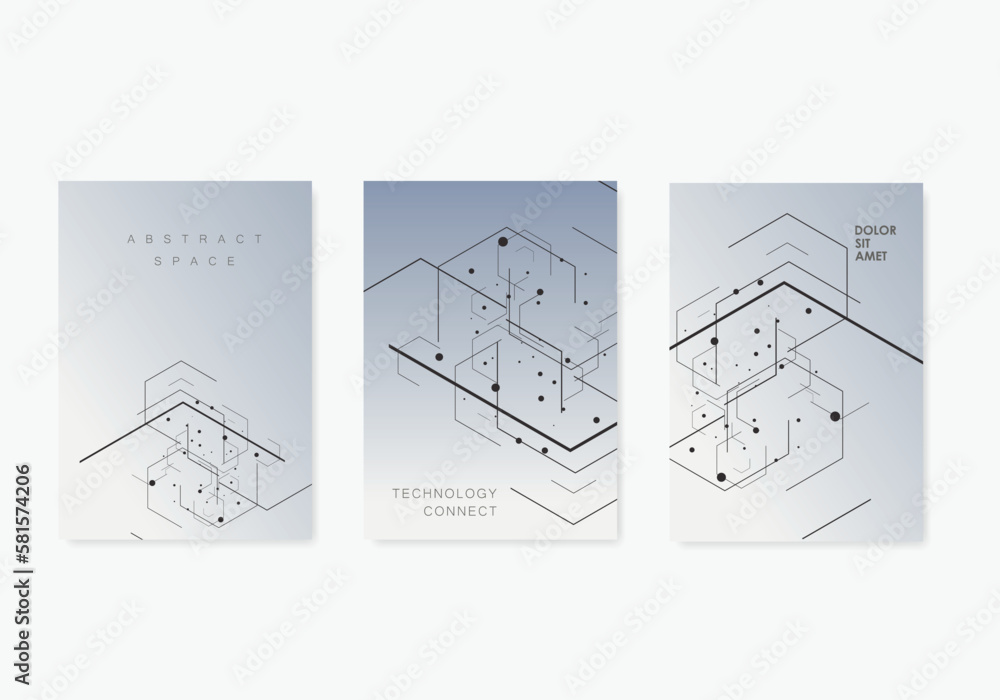 Poster vector brochure templates with hexagons and lines and dots on white background. geometric science an