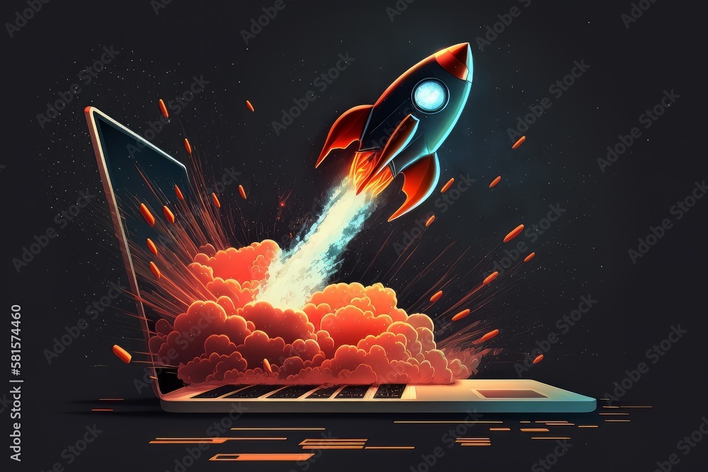 Poster launching space rocket from laptop screen. generative ai