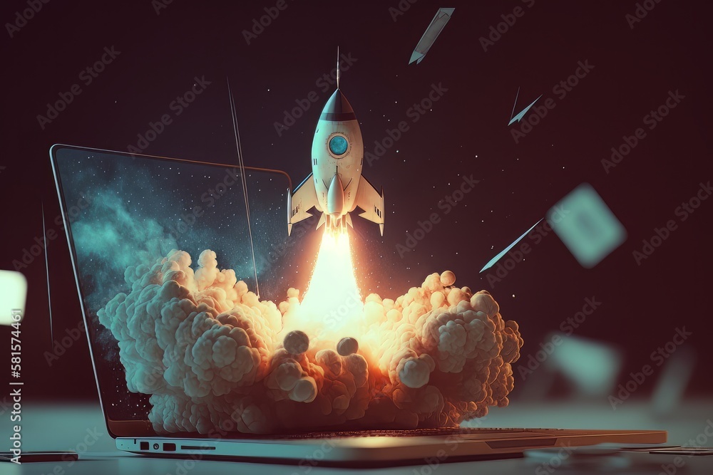 Poster Launching Space Rocket From Laptop Screen. Generative AI