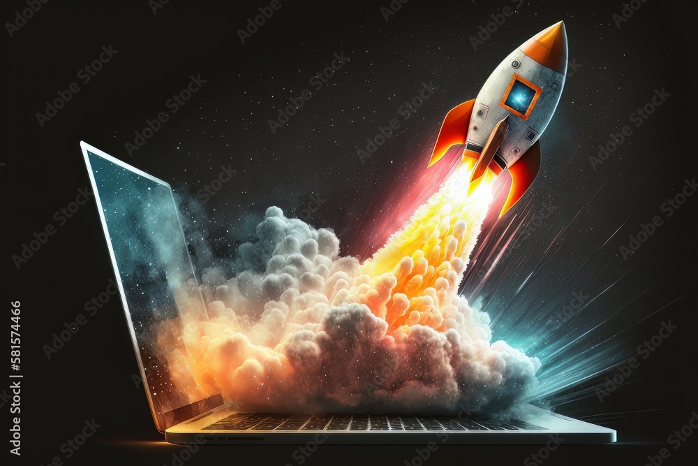 Poster launching space rocket from laptop screen. generative ai