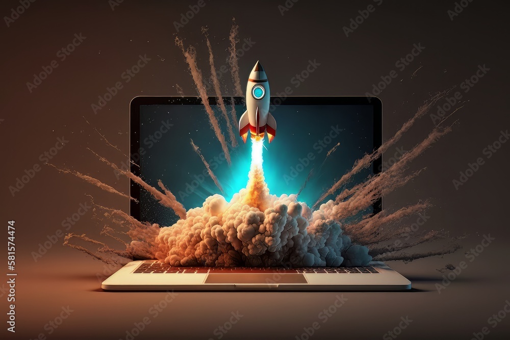 Aufkleber launching space rocket from laptop screen. generative ai