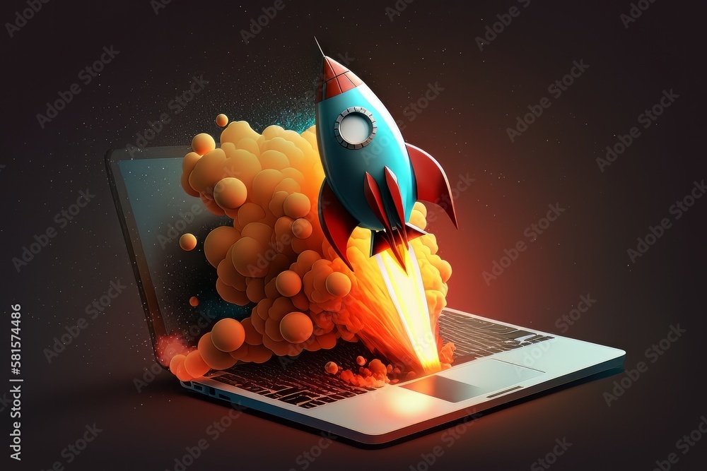 Aufkleber launching space rocket from laptop screen. generative ai