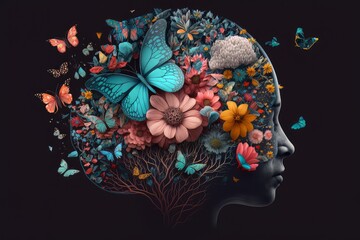 Blooming thoughts, a head made of flowers, generative AI