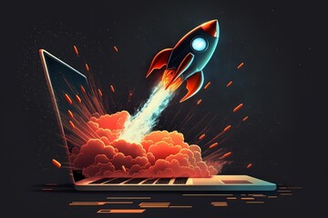 Launching Space Rocket From Laptop Screen. Generative AI