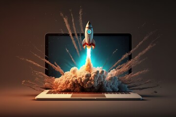 Launching Space Rocket From Laptop Screen. Generative AI - obrazy, fototapety, plakaty