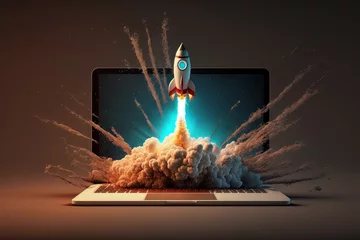 Foto op Canvas Launching Space Rocket From Laptop Screen. Generative AI © cac_tus