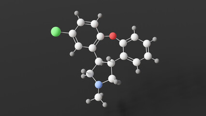 asenapine molecule, molecular structure, atypical antipsychotics, ball and stick 3d model, structural chemical formula with colored atoms