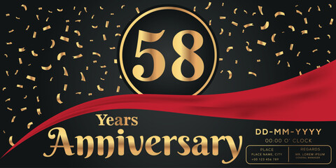 58th years anniversary celebration logo on dark background with golden numbers and golden abstract confetti vector design  