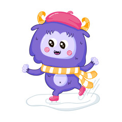 Funny Yeti mascot character ice skating, winter sport outdoor activity themed cute cartoon for children