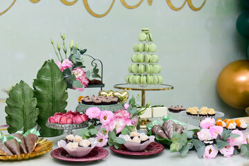 candy table at birthday party, candy store,  condensed milk candy balls, candy balls
