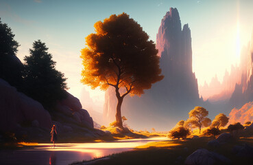 a large body of water surrounded by rocks and trees, gorgeous digital art