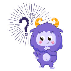 Funny Yeti mascot character with puzzled expression and question mark around, thinking about something, cute cartoon illustration for children
