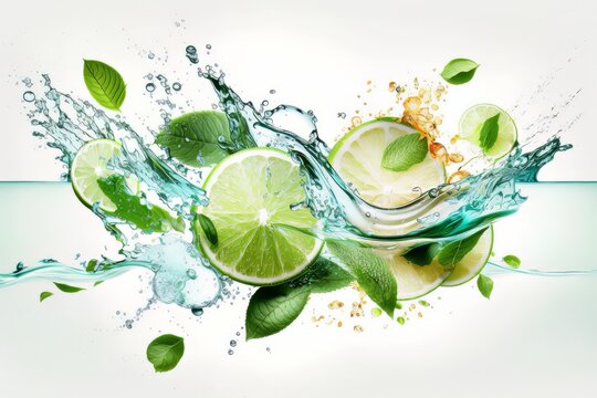 Fresh limes, mint leaves, ice cubes and water splashes, isolated on white background. Generative ai