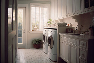 modern bathroom interior with white washing and drying machines at rainy day