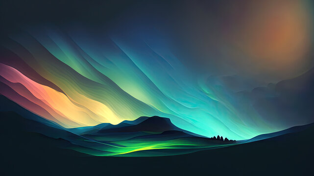 Early sunrise in the mountains abstract background illustration with colorful rainbow clouds and valley mist. Dark space for text. Generative AI.