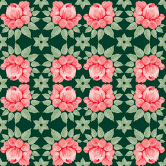 Seamless floral pattern with watercolor roses on a green background.