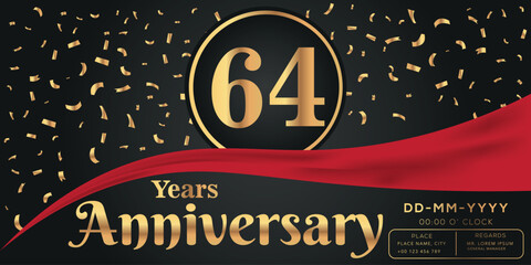 64th years anniversary celebration logo on dark background with golden numbers and golden abstract confetti vector design  