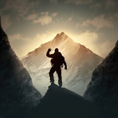Fototapeta premium Conquering the Peaks: Inspiring Photo of a Hiker Pushing Through the Challenge of a Mountain Hike. Hiking. Background or wallpaper. Generative AI.