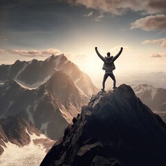 Conquering the Peaks: Inspiring Photo of a Hiker Pushing Through the Challenge of a Mountain Hike. Hiking. Background or wallpaper. Generative AI.