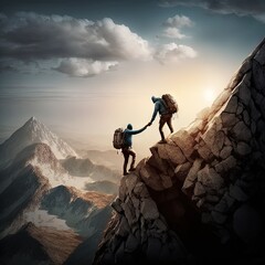  Teamwork and Adventure: Group of People Hiking Together in the Mountains. Mountain Hike. Hiking. Background or wallpaper. Generative AI.