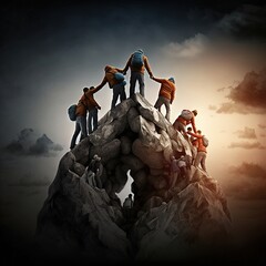 Teamwork and Adventure: Group of People Hiking Together in the Mountains. Mountain Hike. Hiking. Background or wallpaper. Generative AI.