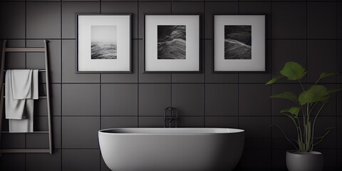 Obraz na płótnie Canvas Dark Gray Tiles, White Bathtub, And Three Posters Above. Health And Hygiene. Mockup. Generative AI