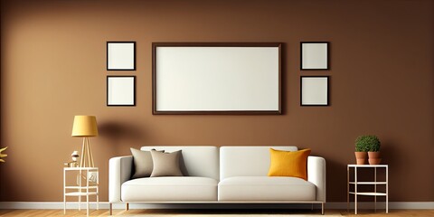 Empty Horizontal Picture Frame On Modern Living Room Brown Wall. Contemporary Interior Mockup. Free Poster/Picture Space. Carpet, Sofa. Generative AI