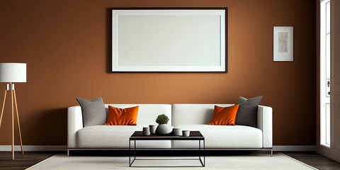 Empty Horizontal Picture Frame On Modern Living Room Brown Wall. Contemporary Interior Mockup. Free Poster/Picture Space. Carpet, Sofa. Generative AI