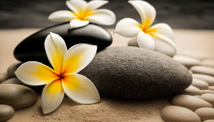 Fototapeta na wymiar Zen Stones with lines on spa sand and plumeria flower harmony concept. Generative AI,