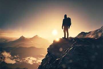 Fototapeta premium Conquering the Peaks: Inspiring Photo of a Hiker Pushing Through the Challenge of a Mountain Hike. Hiking. Background or wallpaper. Generative AI.