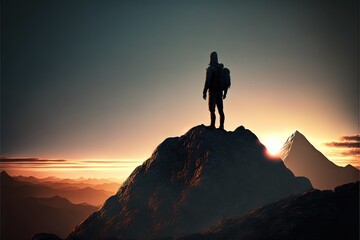 Conquering the Peaks: Inspiring Photo of a Hiker Pushing Through the Challenge of a Mountain Hike. Hiking. Background or wallpaper. Generative AI.