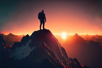 Fototapeta premium Conquering the Peaks: Inspiring Photo of a Hiker Pushing Through the Challenge of a Mountain Hike. Hiking. Background or wallpaper. Generative AI.
