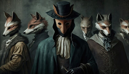Painting of 5 men with fox masks and their leader