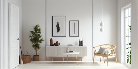 Home Mockup, White Room With Natural Wooden Furniture, 3d Render. Generative AI
