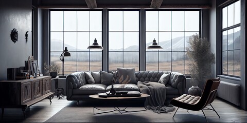 Grey Relaxing Interior With Couch, Armchairs And Panoramic Window. Generative AI