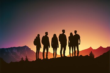 Teamwork and Adventure: Group of People Hiking Together in the Mountains. Mountain Hike. Hiking. Background or wallpaper. Generative AI.