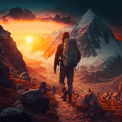 Conquering the Peaks: Inspiring Photo of a Hiker Pushing Through the Challenge of a Mountain Hike. Hiking. Background or wallpaper. Generative AI.