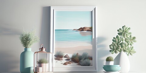 Mockup Frame In Coastal Interior Background, Room In Light Pastel Colors, 3d Render. Generative AI