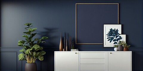 Mockup Frame On Living Room Cabinet On Empty Dark Blue Wall. Generative AI