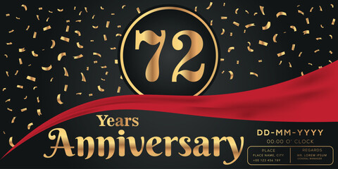 72nd years anniversary celebration logo on dark background with golden numbers and golden abstract confetti vector design  