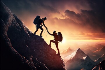 Fototapeta premium Teamwork and Adventure: Group of People Hiking Together in the Mountains. Mountain Hike. Hiking. Background or wallpaper. Generative AI.